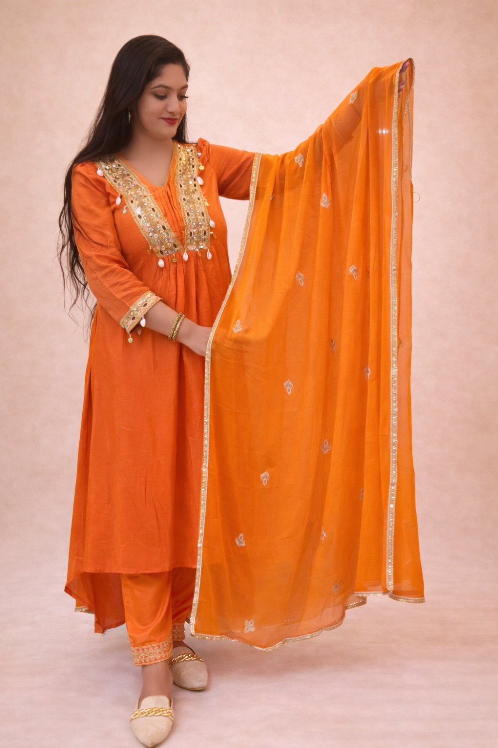 Orange Muslin Suit with High-Low Kurta