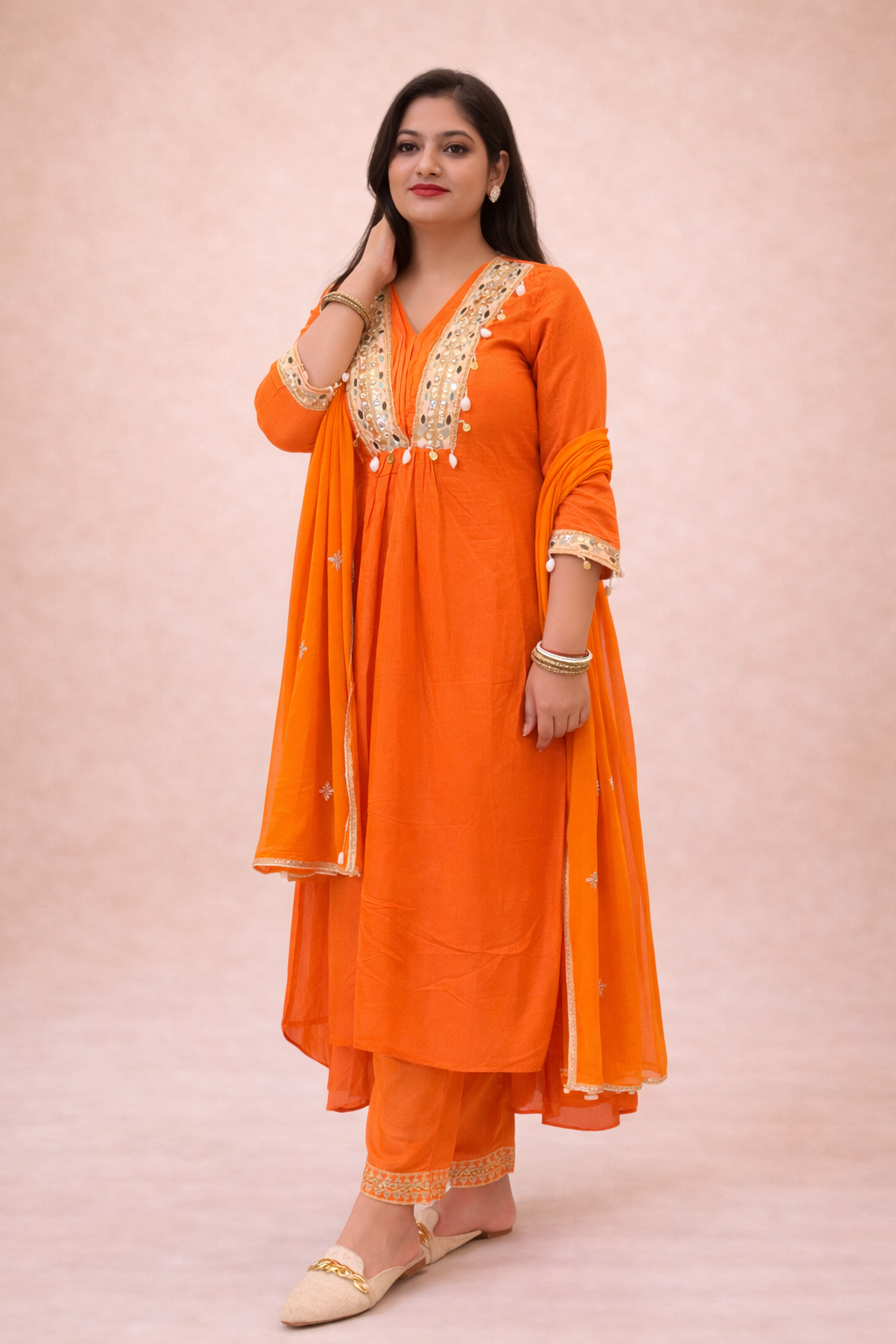 Orange Muslin Suit with High-Low Kurta