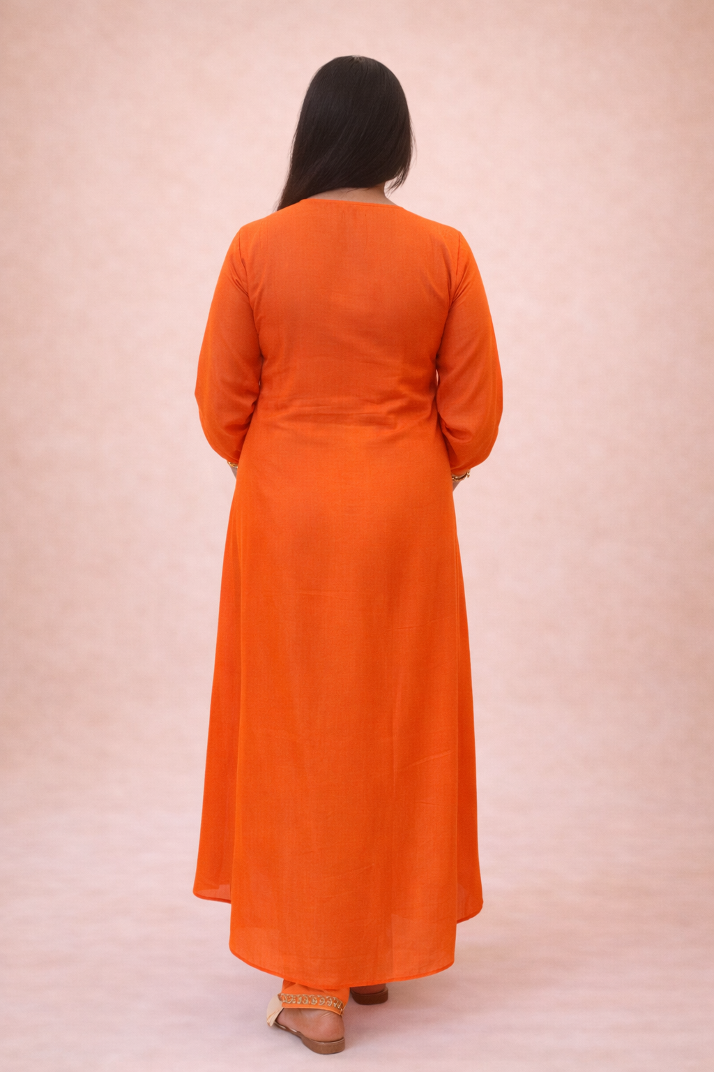 Orange Muslin Suit with High-Low Kurta