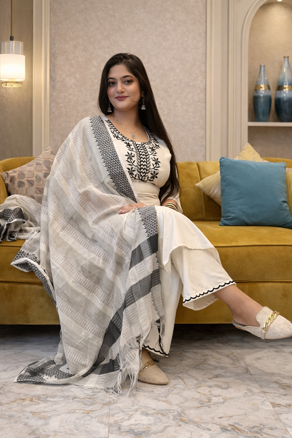 Off-White Cotton Slub Suit Set with Self Jacquard Dupatta