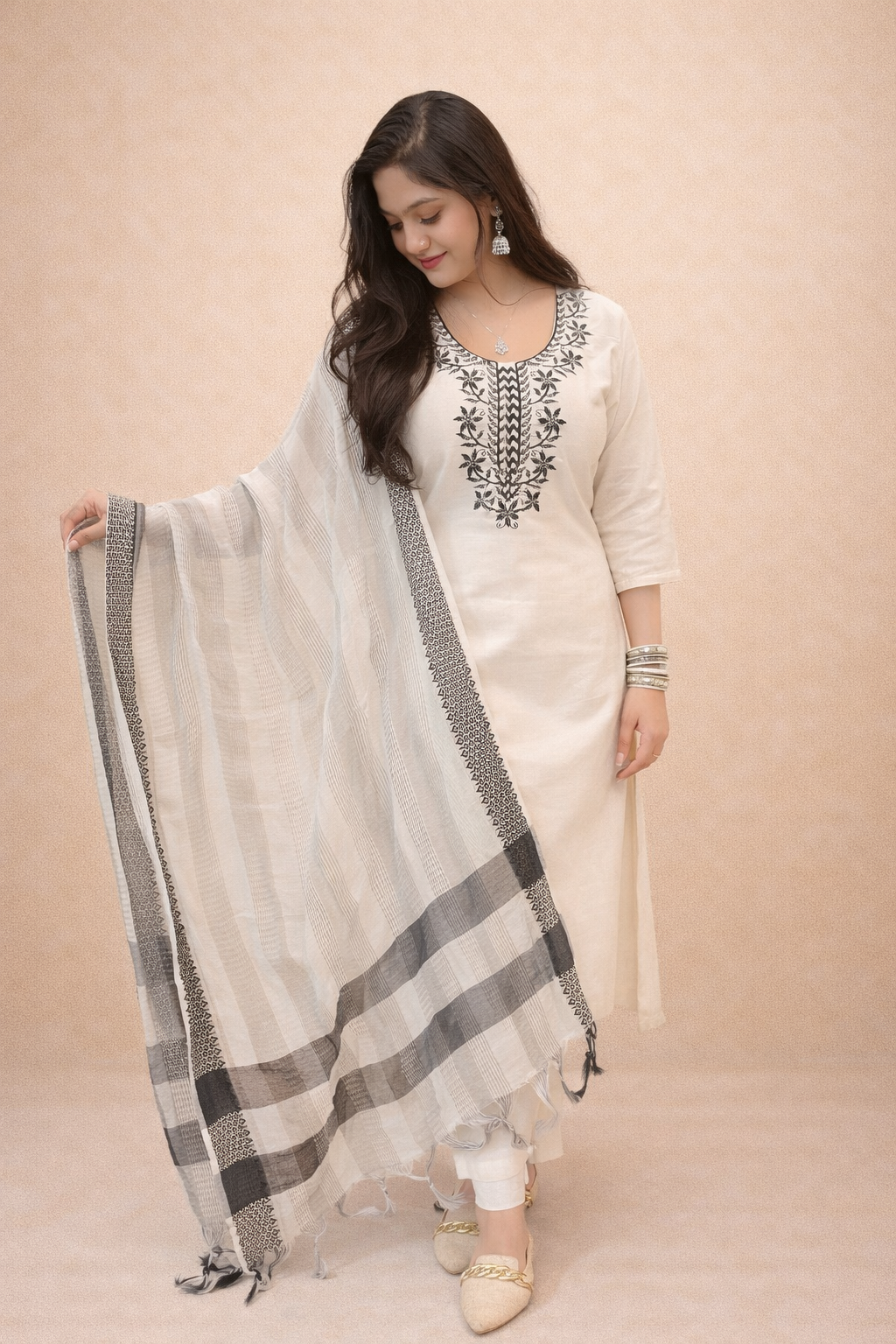 Off-White Cotton Slub Suit Set with Self Jacquard Dupatta