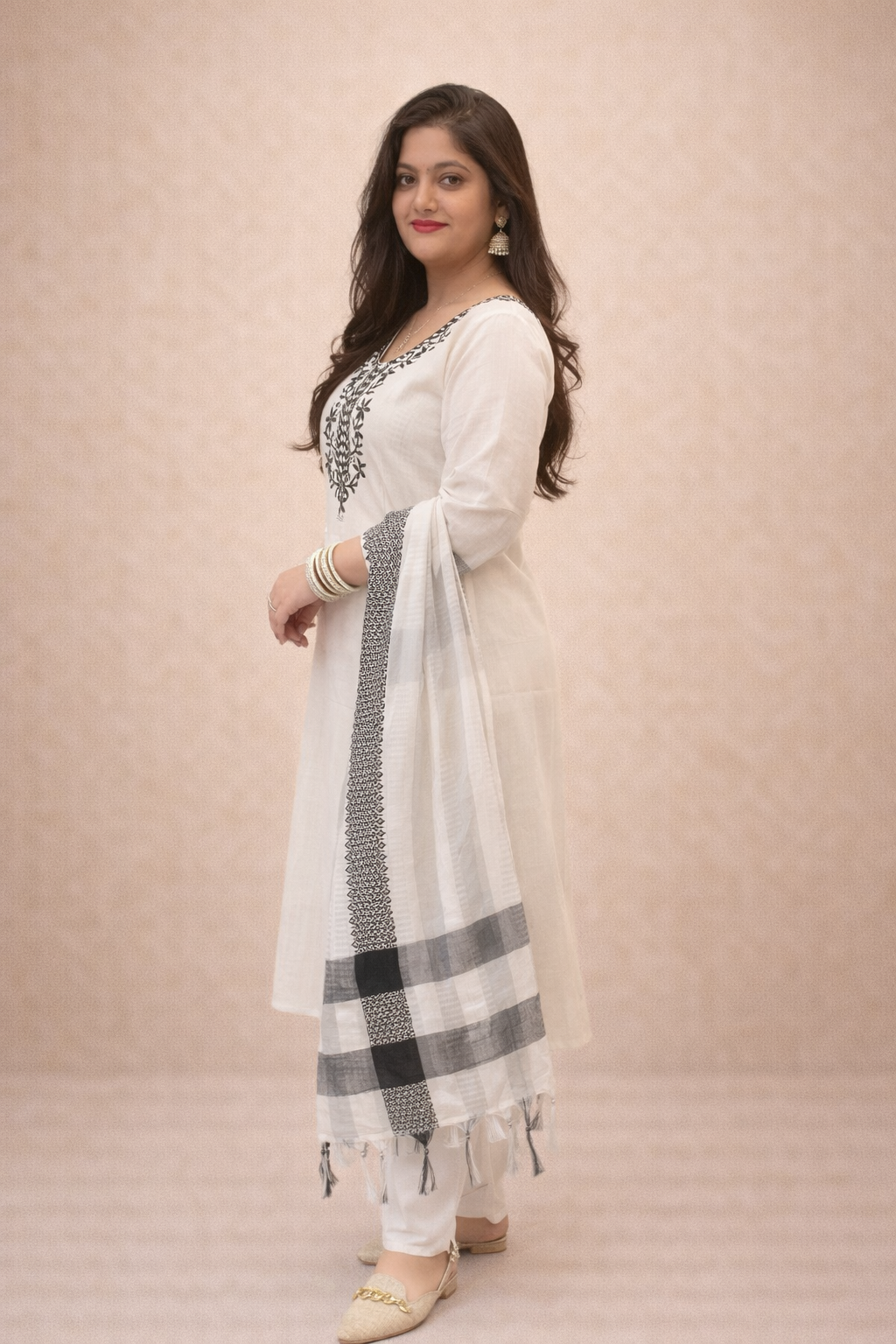 Off-White Cotton Slub Suit Set with Self Jacquard Dupatta