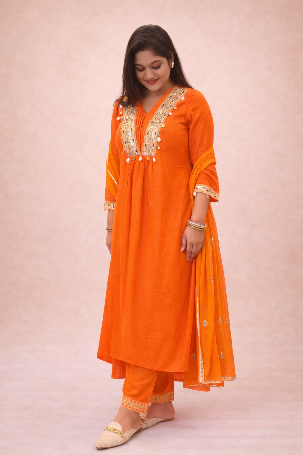 Orange Muslin Suit with High-Low Kurta