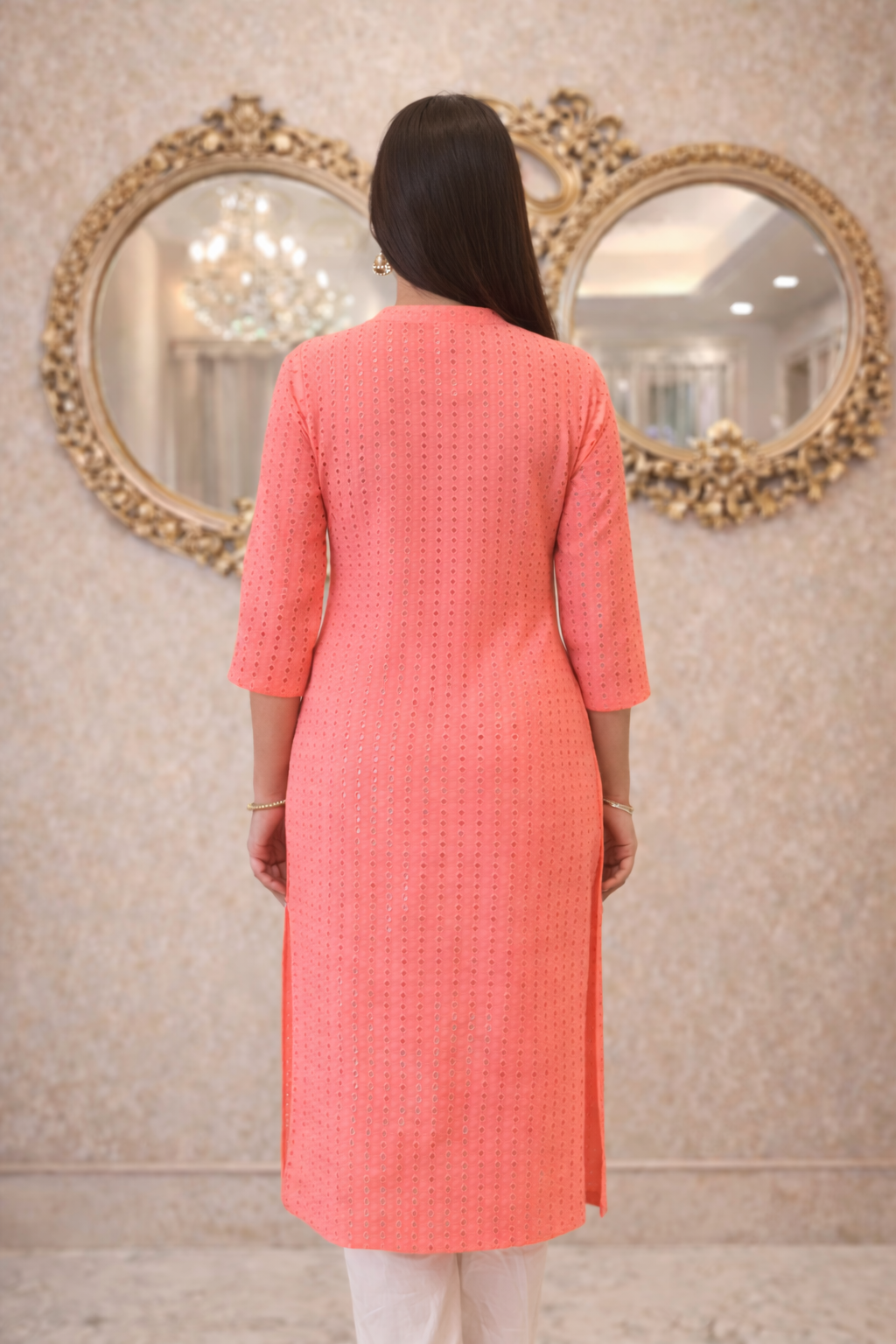 Pinkish Peach Schiffli Kurta