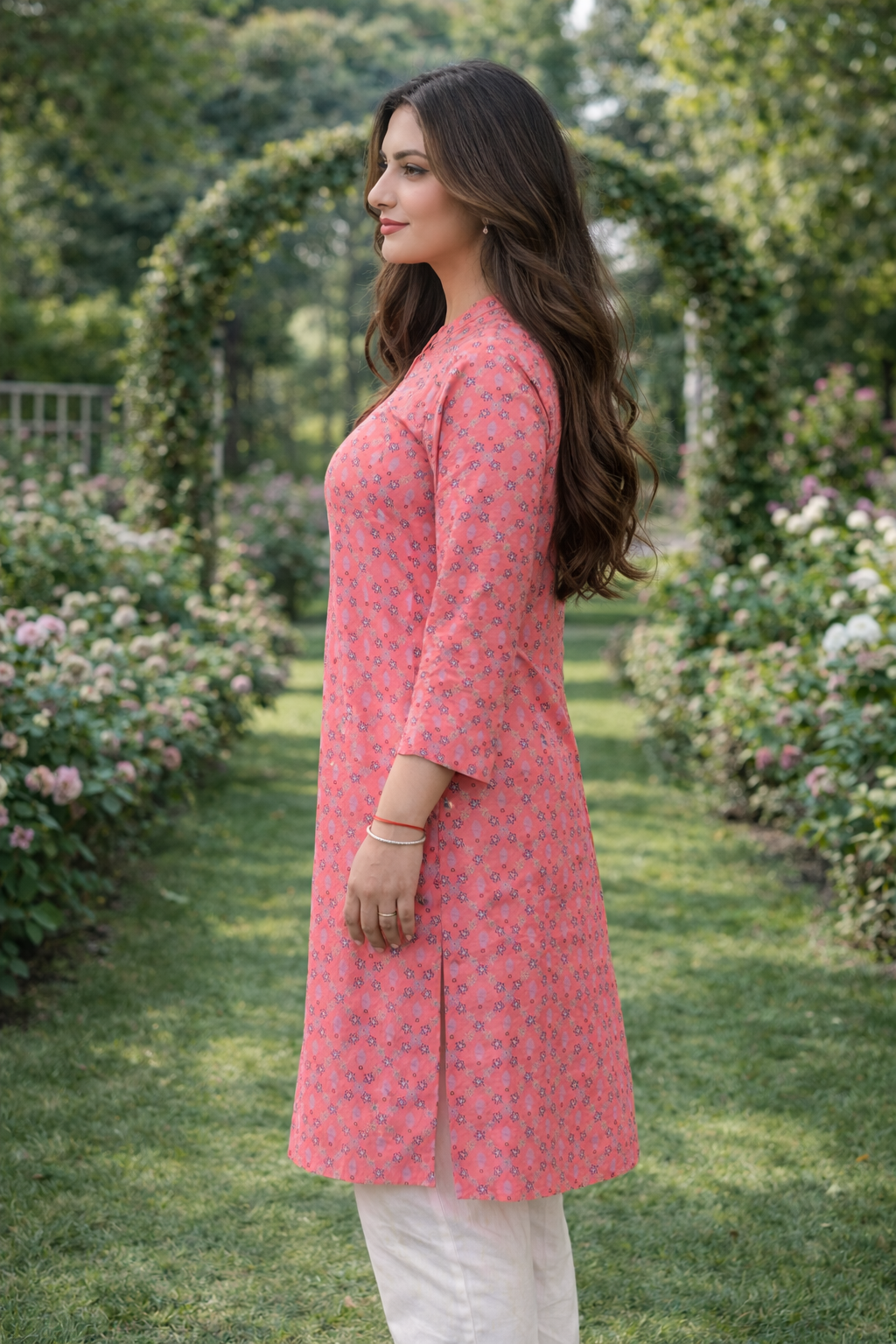 Peach Printed Rayon Kurta