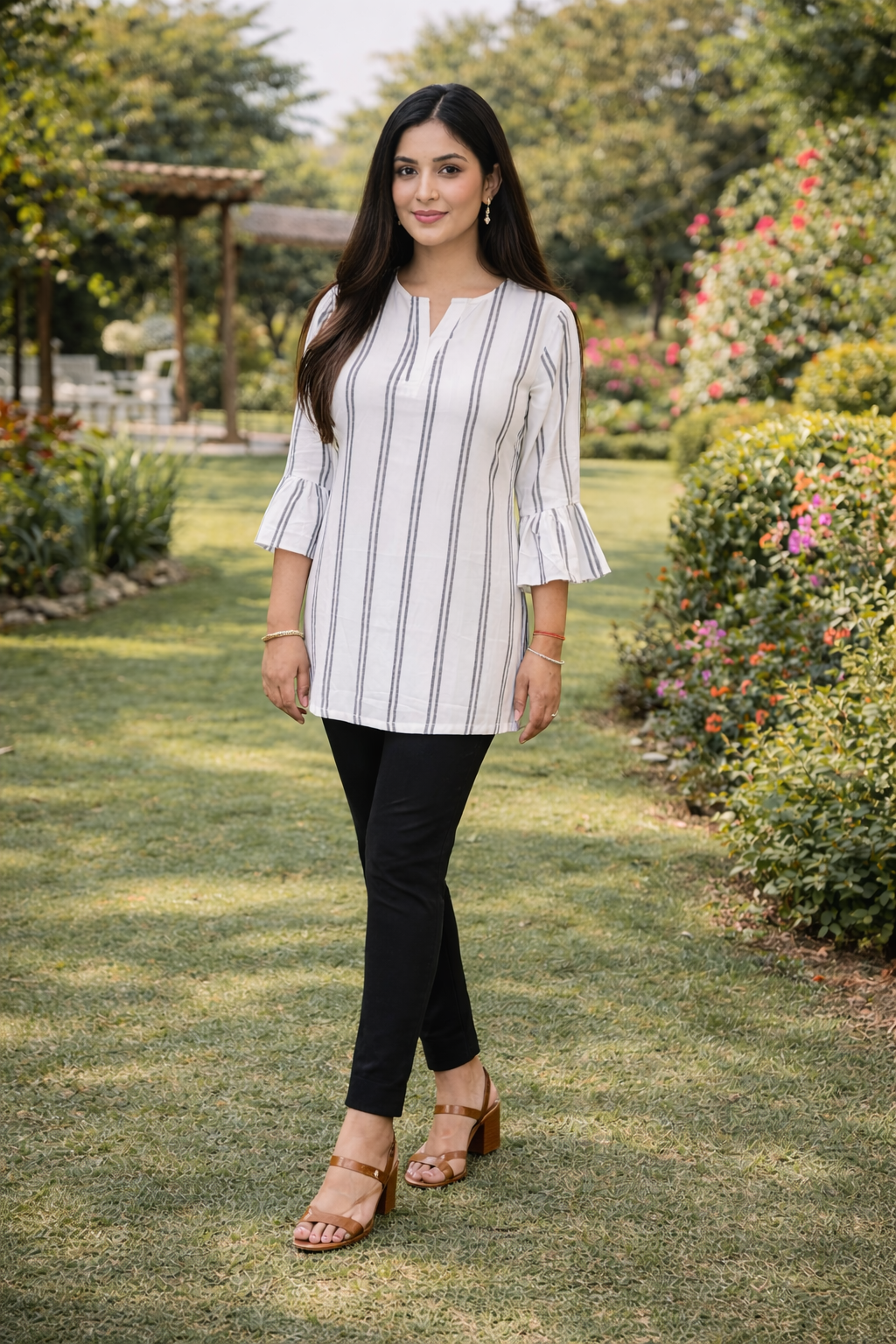 Black & White Striped Top with Umbrella Sleeves