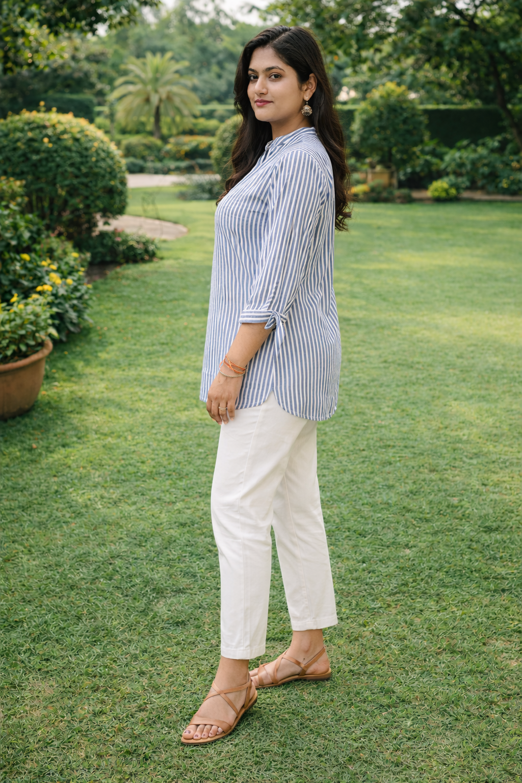 Blue & White Striped Rayon Top