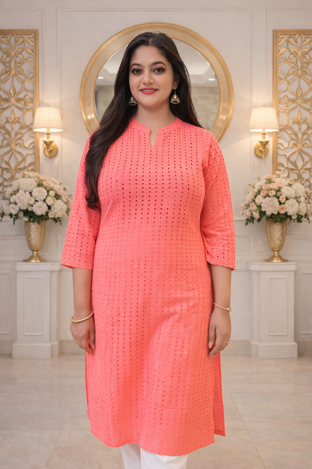 Pinkish Peach Schiffli Kurta