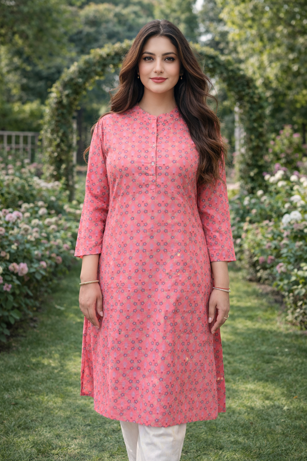 Peach Printed Rayon Kurta