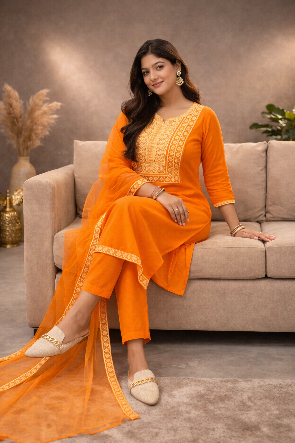 Orange Modal Silk Suit Set