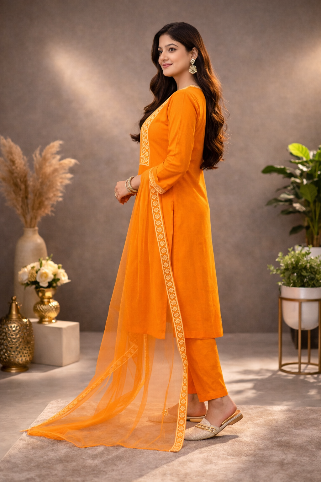 Orange Modal Silk Suit Set