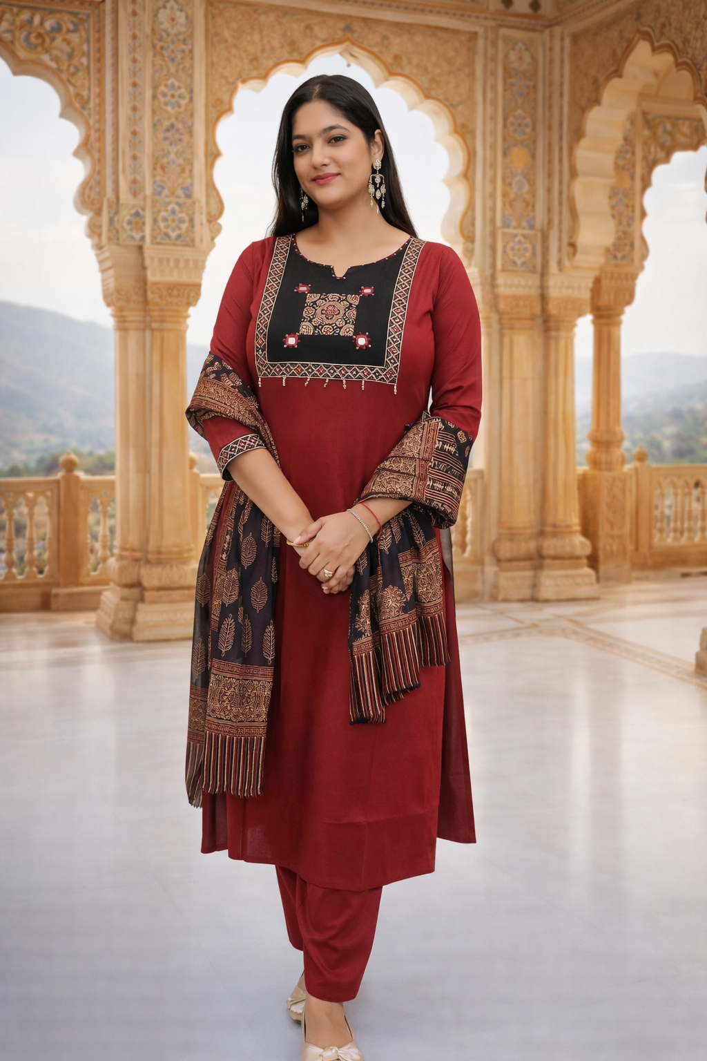 Cotton Suit with Kalamkari Neck Design