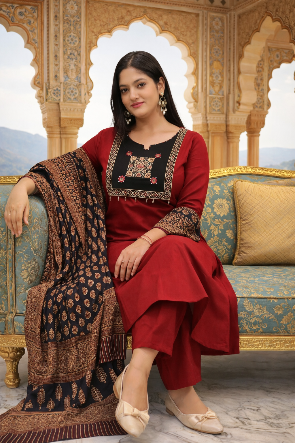 Cotton Suit with Kalamkari Neck Design